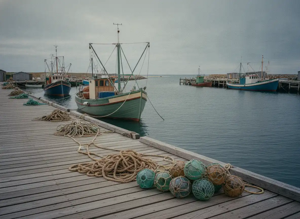 Liten fiskerihavn med trekaier, tauverk og fortøyde båter