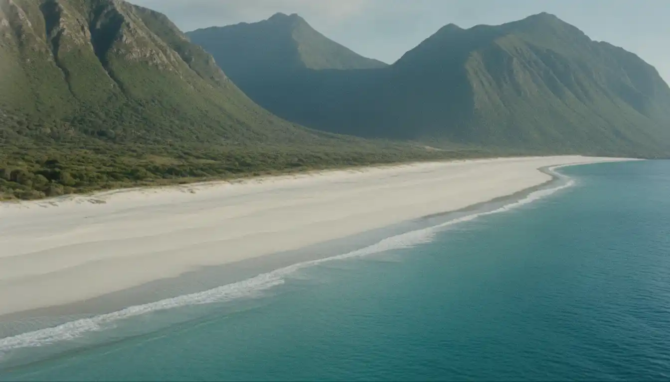 Lang hvit sandstrand med turkis vann og bratte fjell bak på Bleik