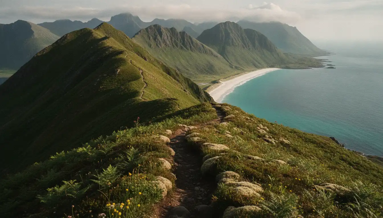 Sti på grønn fjellrygg høyt over hvit strand og turkist hav på Andøya